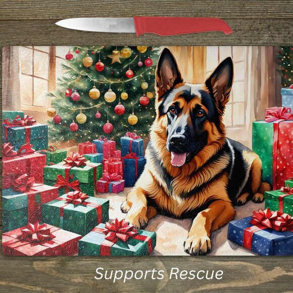 Christmas German Shepherd Kitchen Tempered Glass Cutting Board or Trivet - Picture 1 of 1